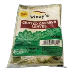 Vinay's 400g grated cassava leaves package showing fresh natural label