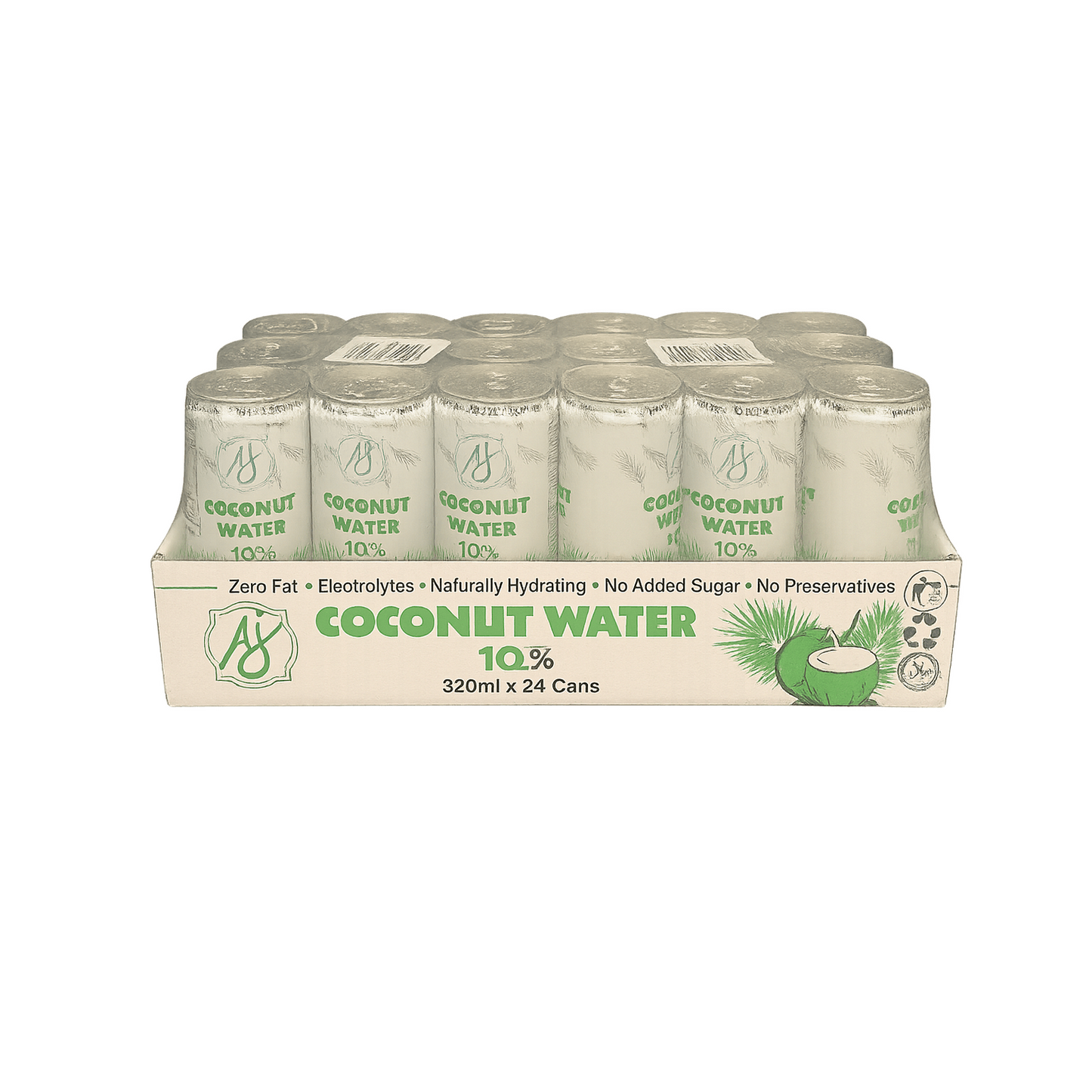 24-pack cardboard tray of AJ Coconut Water 320ml cans for natural hydration