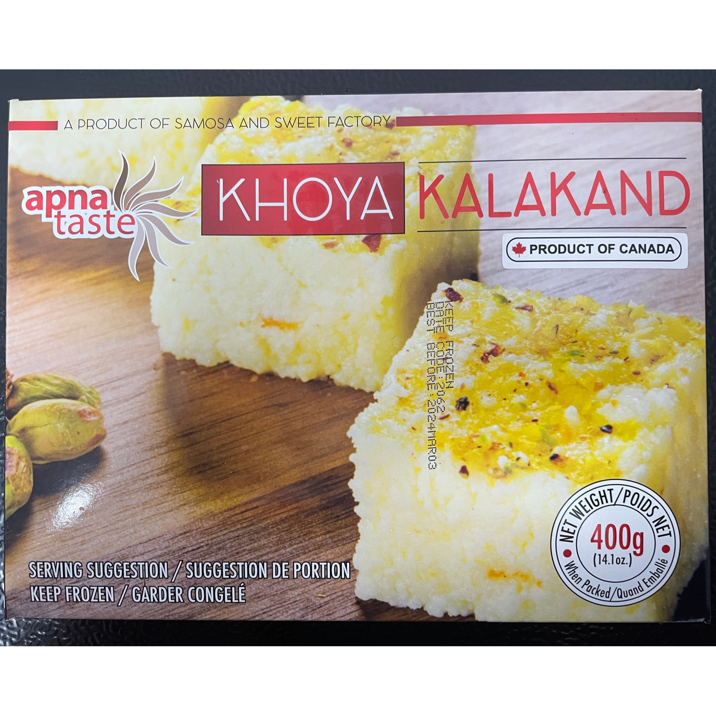 Apna Taste Khoya Kalakand frozen Indian milk cake with saffron and pistachios