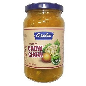 Cerebos Chunky Chow Chow 400g glass jar with natural ingredients and blue lid