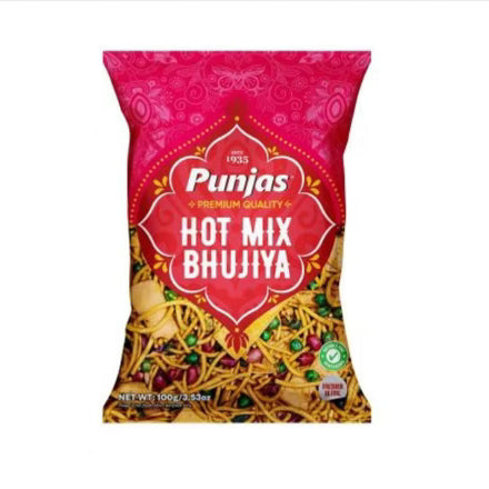 Punjas Hot Mix Bhujiya 100g spicy Fijian snack in pink pouch with clear window showing fried noodles and lentils