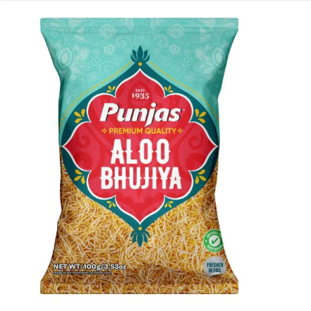 Punjas Aloo Bhujiya 100g crunchy potato snack in teal and red packaging