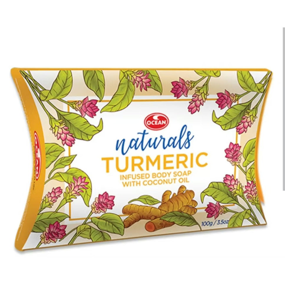 Turmeric infused body soap packaging with coconut oil and neem