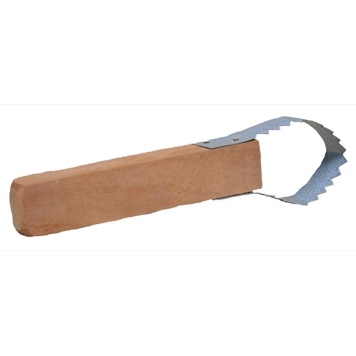 Fijian handcrafted wooden fish scraper with serrated metal blade for scaling