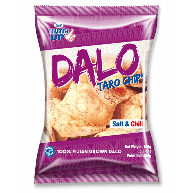 FMF Dalo Taro Chips Salt & Chilli 150g bag with purple packaging and clear window showing light beige chips