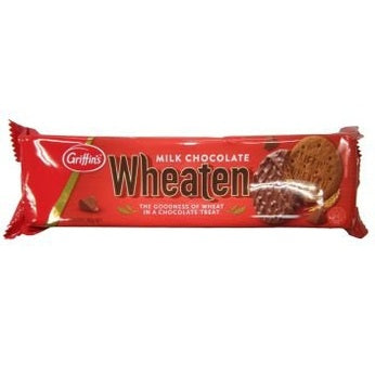 Griffins Milk Chocolate Wheaten biscuit in red foil wrapper with wheat flakes and chocolate coating