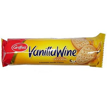 Griffins Vanilla Wine biscuit bar packaging with yellow red design and vanilla wheat graphics