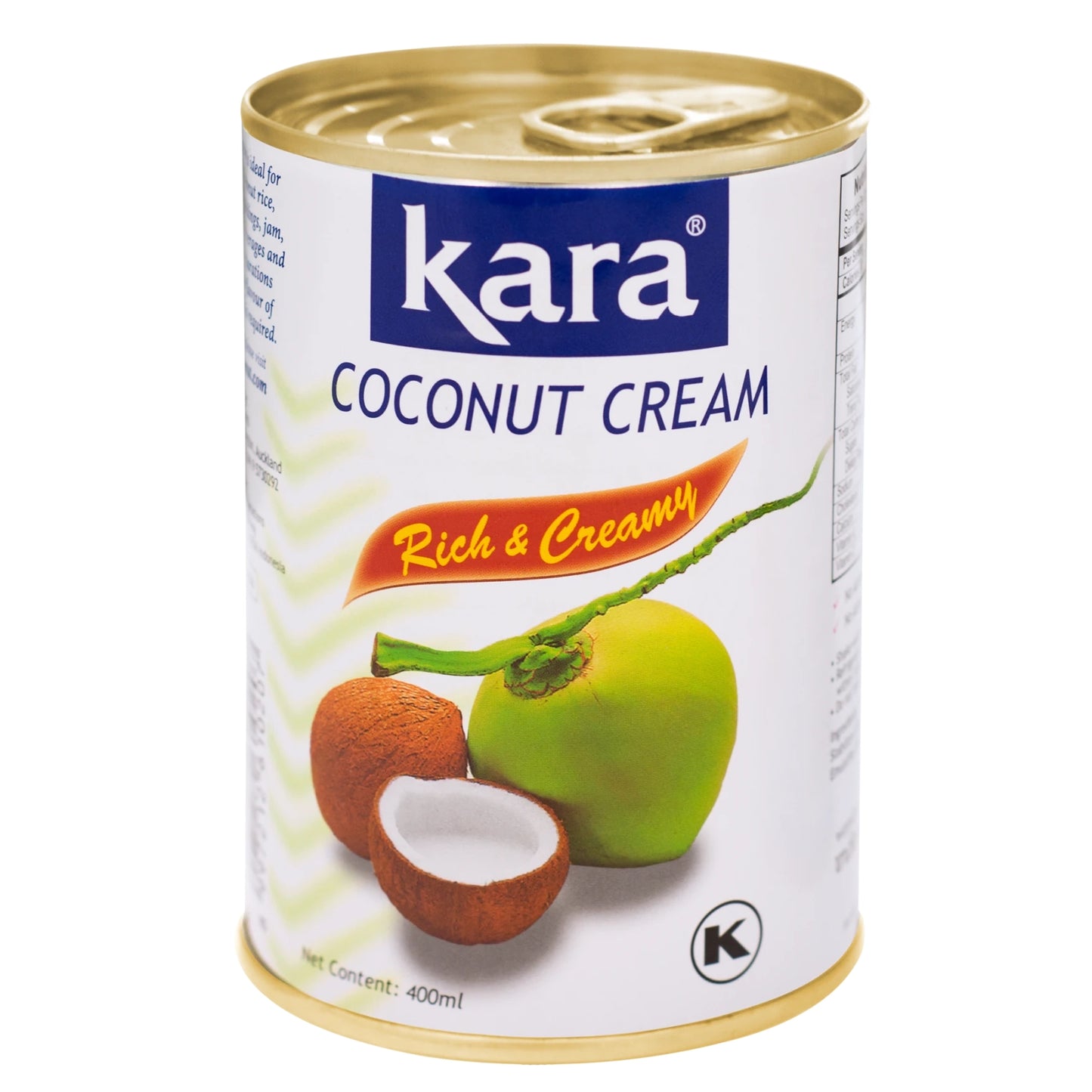 Kara Coconut Cream 400ml can with gold pull-tab lid and green coconut imagery