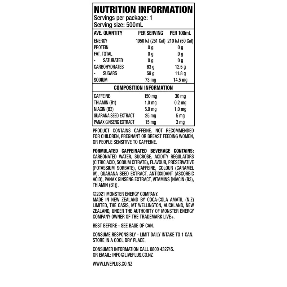 Live+ Energy Drink nutrition facts label with caffeine and vitamins