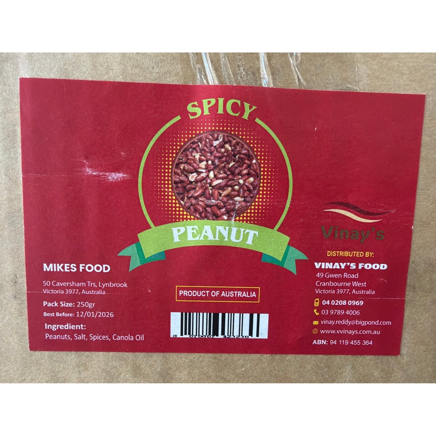 Mikes Food Spicy Peanut label showing Product of Australia and Vinays Food distributor