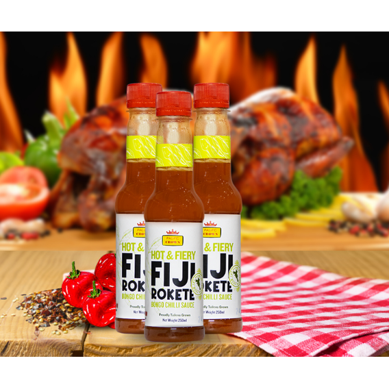 Pacific Crown Rokete hot and fiery Fiji Bongo chilli sauce with roasted chicken