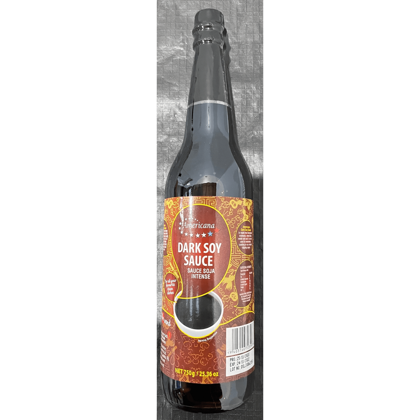 Punjas Americana Dark Soy Sauce 750ml glass bottle with reddish-brown label and silver cap