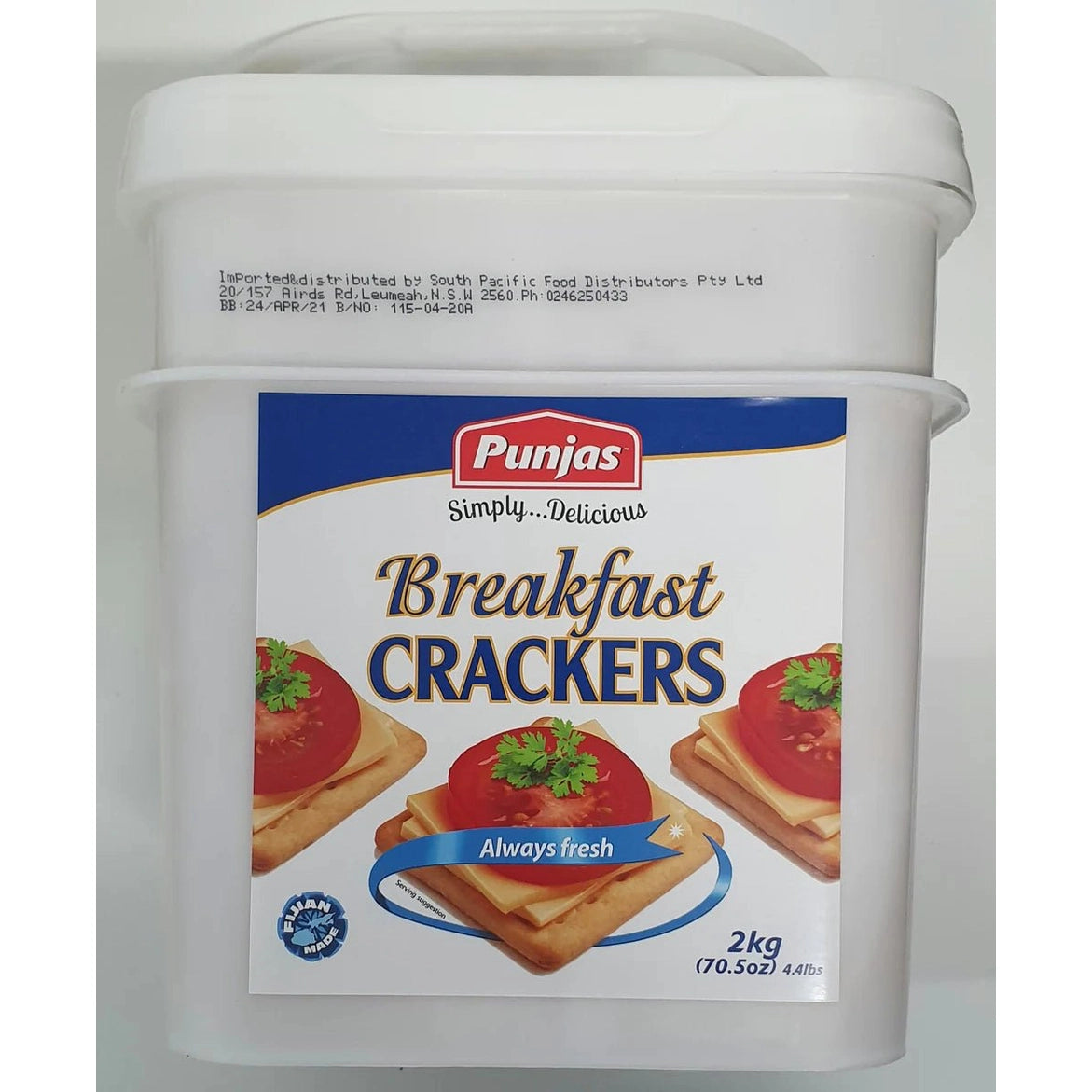 Punjas Breakfast Crackers 2kg pail with Fijian Made label and cheese topping images