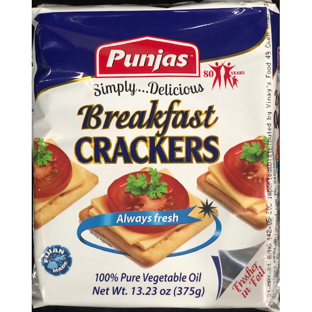 Punjas Breakfast Crackers 375g package with Fiji Made seal and serving suggestions