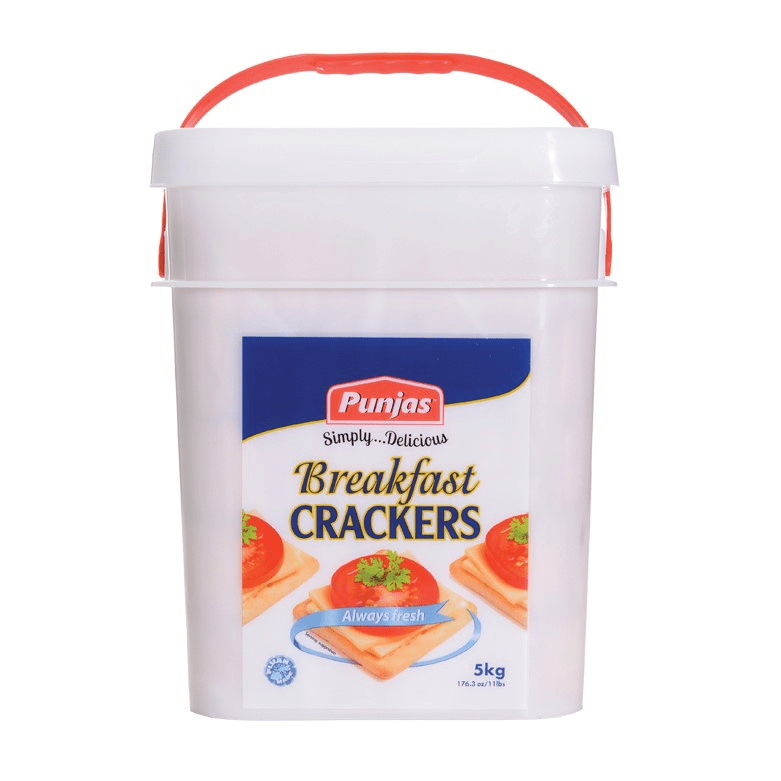 Punjas Breakfast Crackers 5kg pail with red handle, featuring square crackers on label for tea or coffee