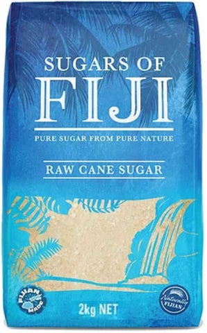 Bag of Sugars of Fiji raw cane sugar with blue design and text.