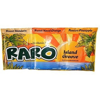 Raro Island Groove tropical beverage mix with Sweet Mandarin, Navel Orange, and Passion Pineapple flavors in sealed packaging