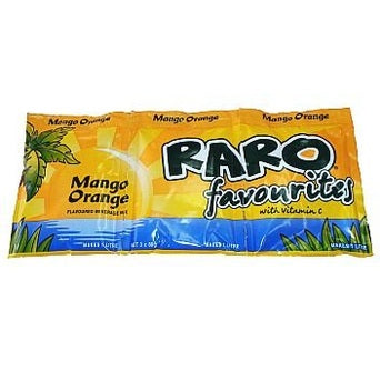 Raro Mango Orange flavoured drink mix packet with vitamin C on white background