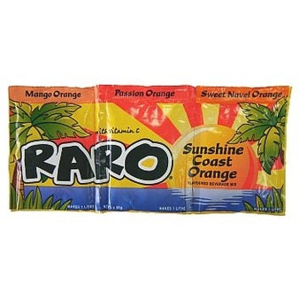 Raro Sunshine Coast Orange dry beverage mix packet with tropical design, makes 1 litre