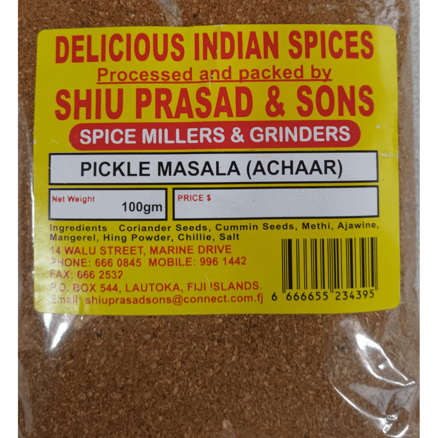 Shiu Prasad Achaar Masala 100g brown spice blend in yellow label packaging for homemade pickles