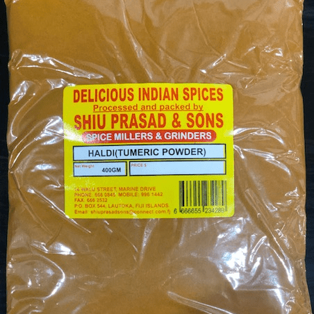 Shiu Prasad Haldi turmeric powder 400g in amber bag with yellow label