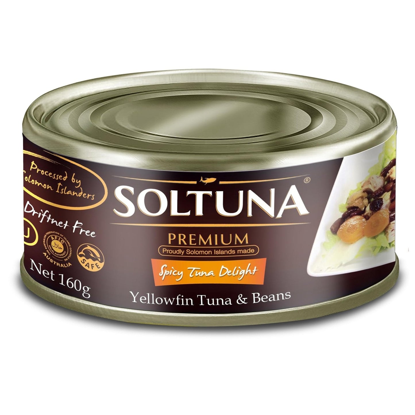 Soltuna Spicy Yellowfin Tuna & Beans 160g can with Solomon Islands label