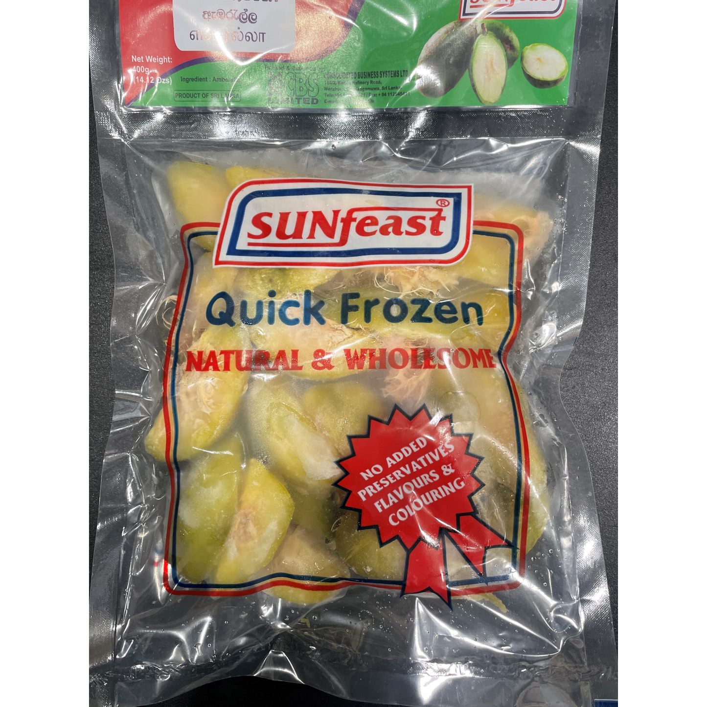 Sunfeast frozen sliced ambarella fruit in vacuum-sealed bag with no added preservatives