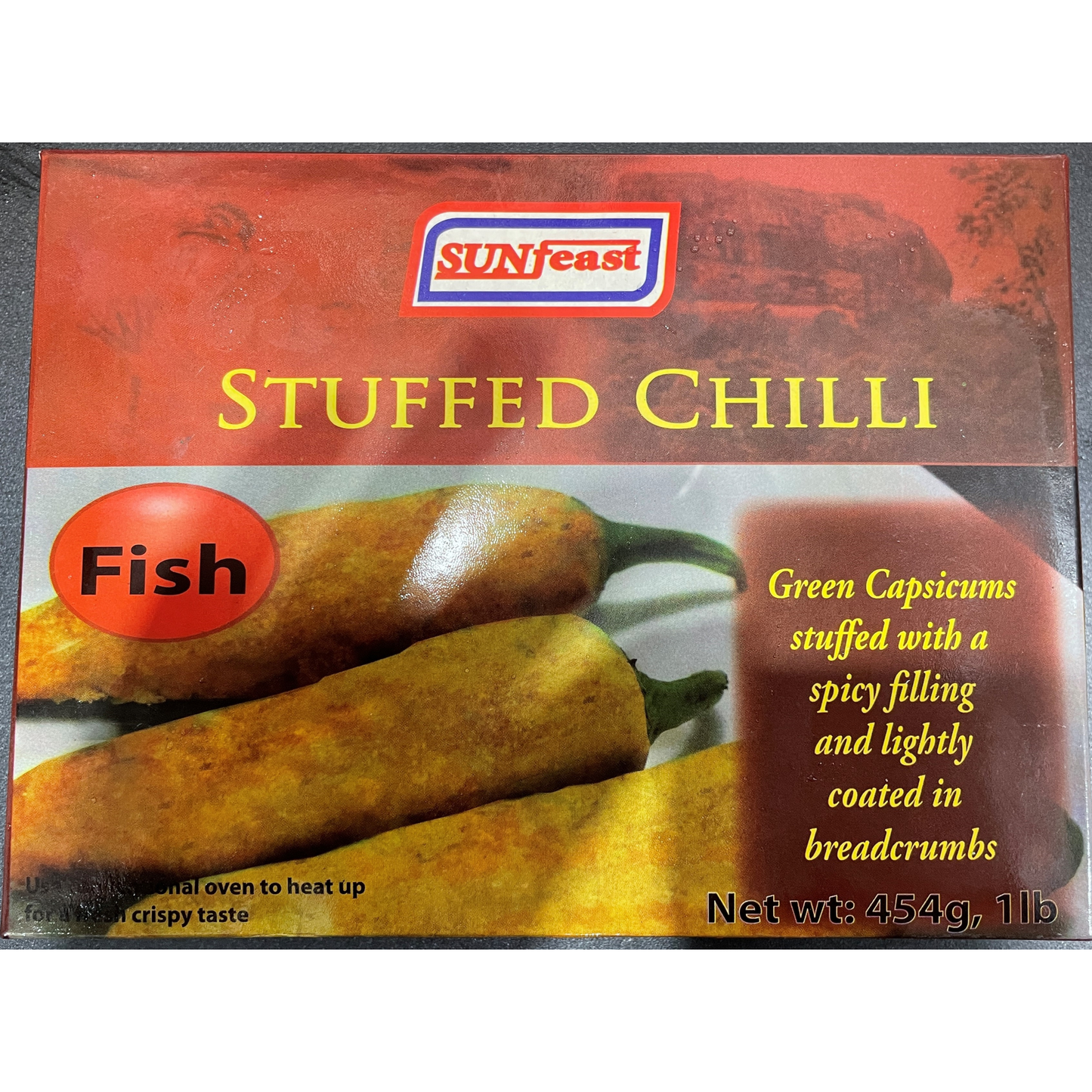 Sunfeast Stuffed Chilli Fish frozen snack box with green capsicum and breadcrumb coating