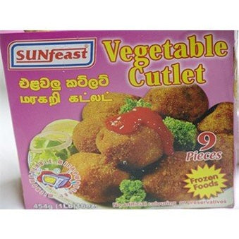Sunfeast Vegetable Cutlets 454g frozen Sri Lankan snack packaging with golden fried cutlets and microwave instructions