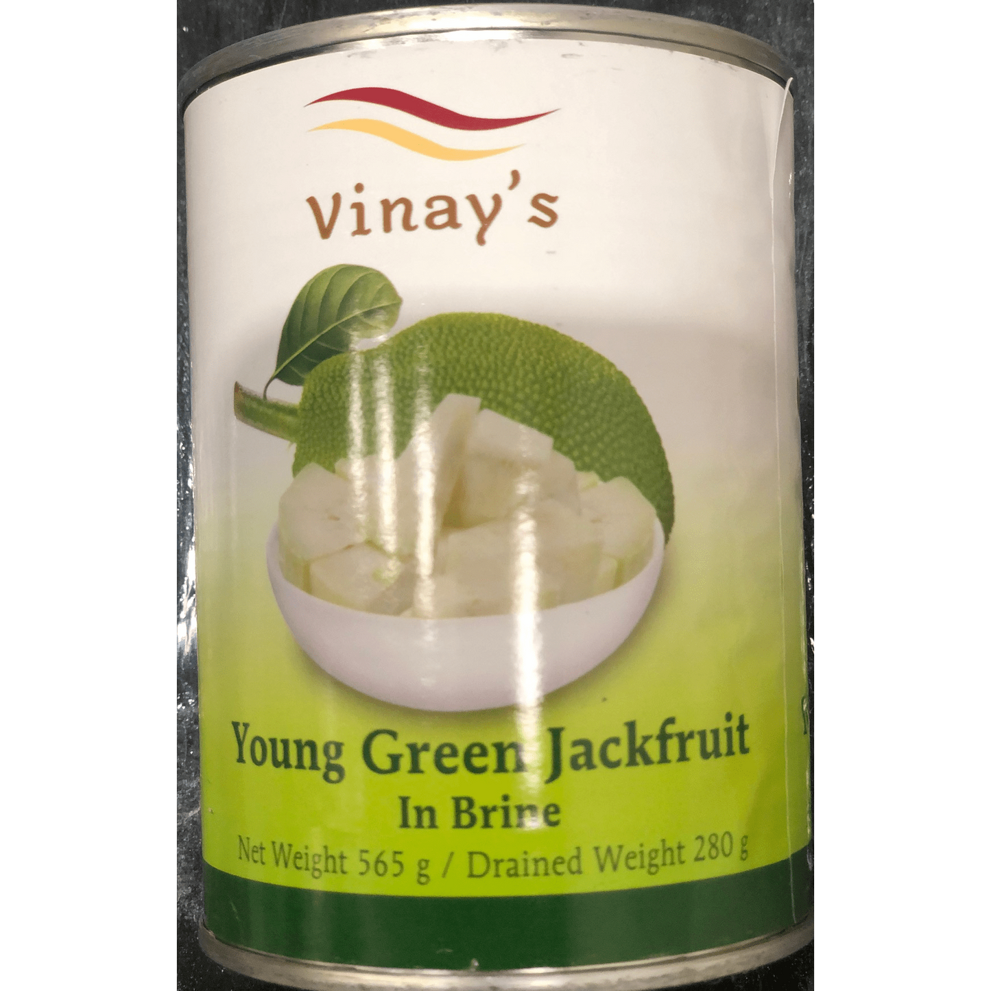 Vinay's canned young green jackfruit in brine with label showing fruit and chopped pieces
