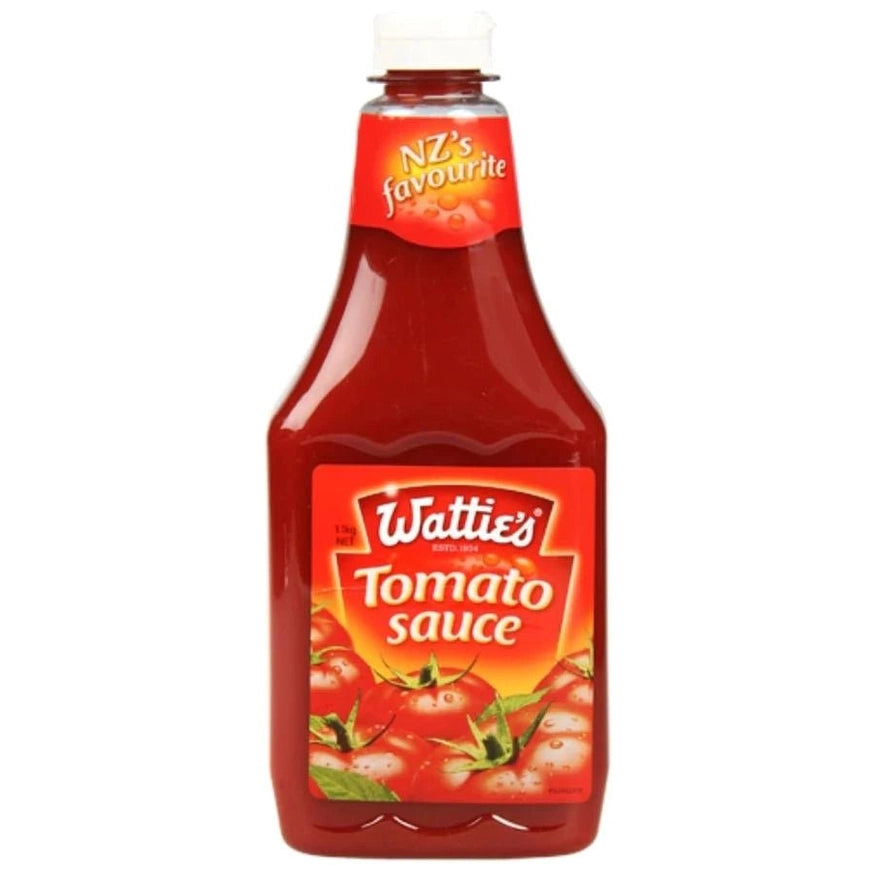 Wattie's Tomato Sauce 1L bottle with flip-top cap and fresh tomato imagery