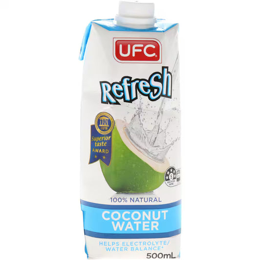 A 500mL carton of UFC Refresh Coconut Water on a plain white background. The packaging is primarily white with blue accents, a green coconut illustration, and a red UFC logo at the top.