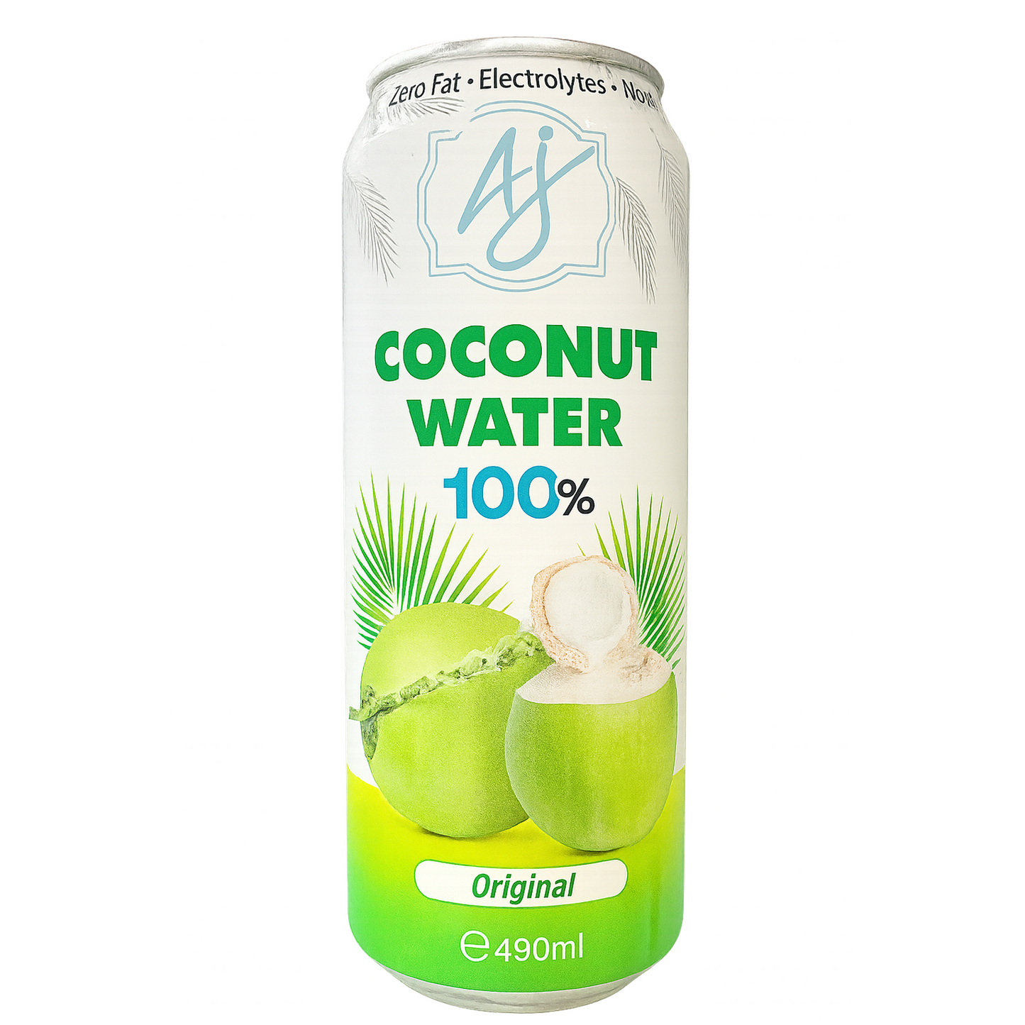 AJ Coconut Water 490ml aluminum can with green coconuts and electrolytes
