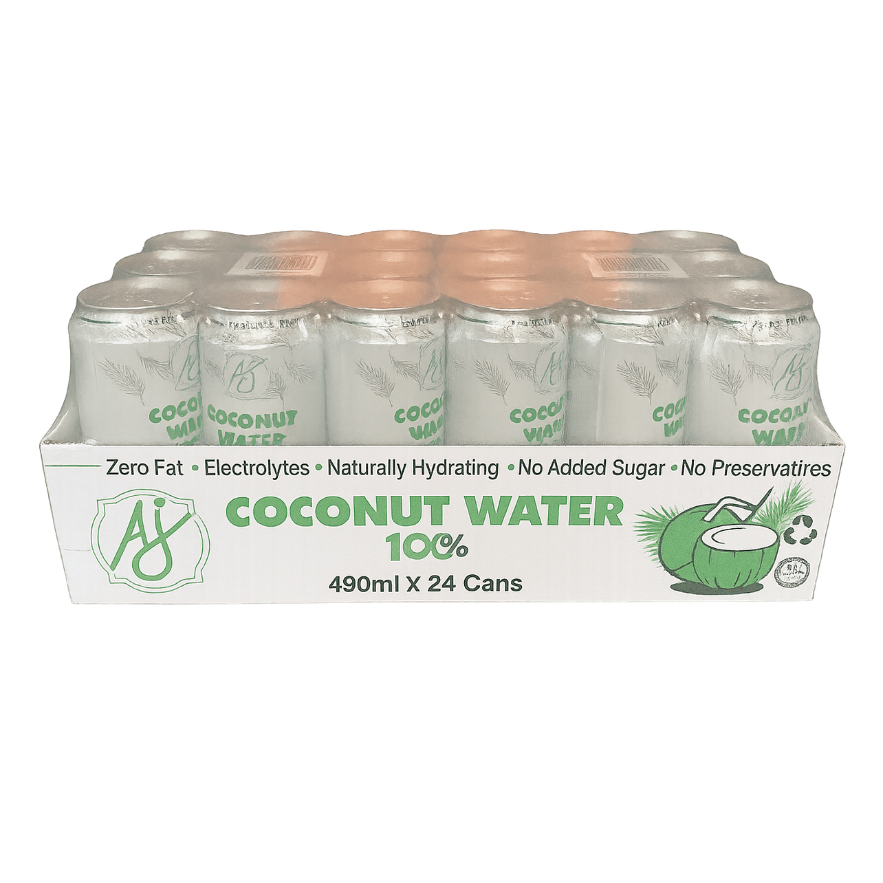 24-pack AJ Coconut Water multipack tray with no added sugar and BPA free