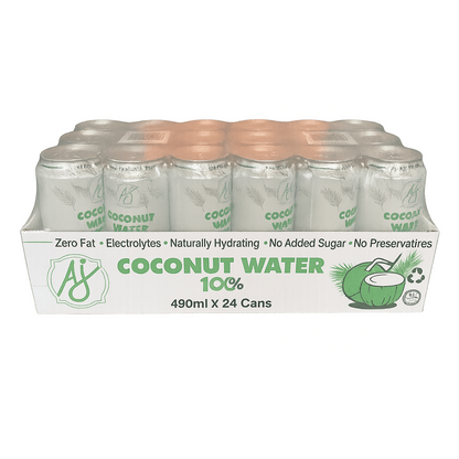 24-pack AJ Coconut Water multipack tray with no added sugar and BPA free