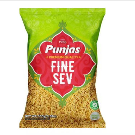 Punjas Fine Sev 100g sealed bag with golden crispy chickpea flour strands