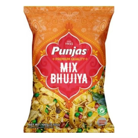 Punjas Mix Bhujiya 100g snack pack with golden-brown crispy fried mix, green peas, red lentils and raisins in orange foil packaging