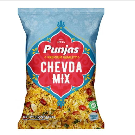Punjas Chevda Mix 100g pouch with sev, peas, lentils and spices made in Fiji