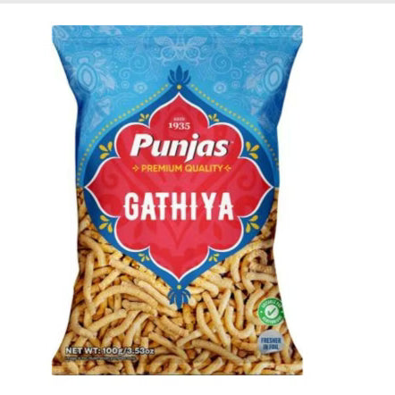 Punjas Gathiya 100g Fijian chickpea flour snack bag with blue packaging and clear window showing crispy beige pieces