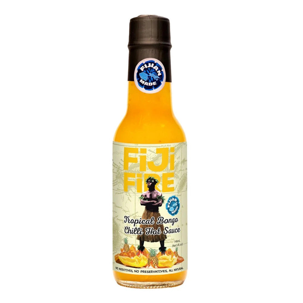 Fiji Fire Tropical Bongo Chilli Hot Sauce 148ml glass bottle with black cap and natural ingredients label