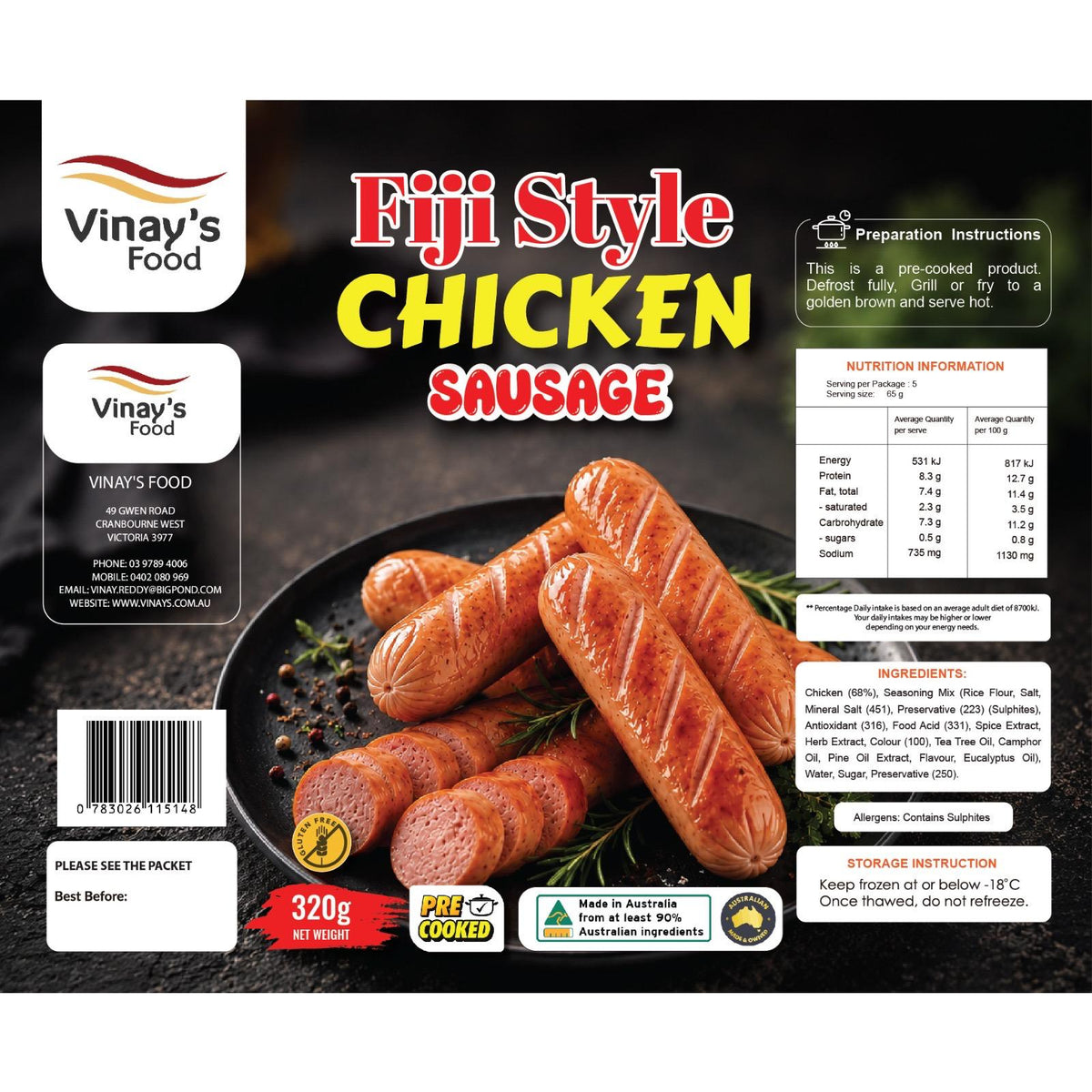 Vinay's Fiji Style Chicken Sausages 320g x 20