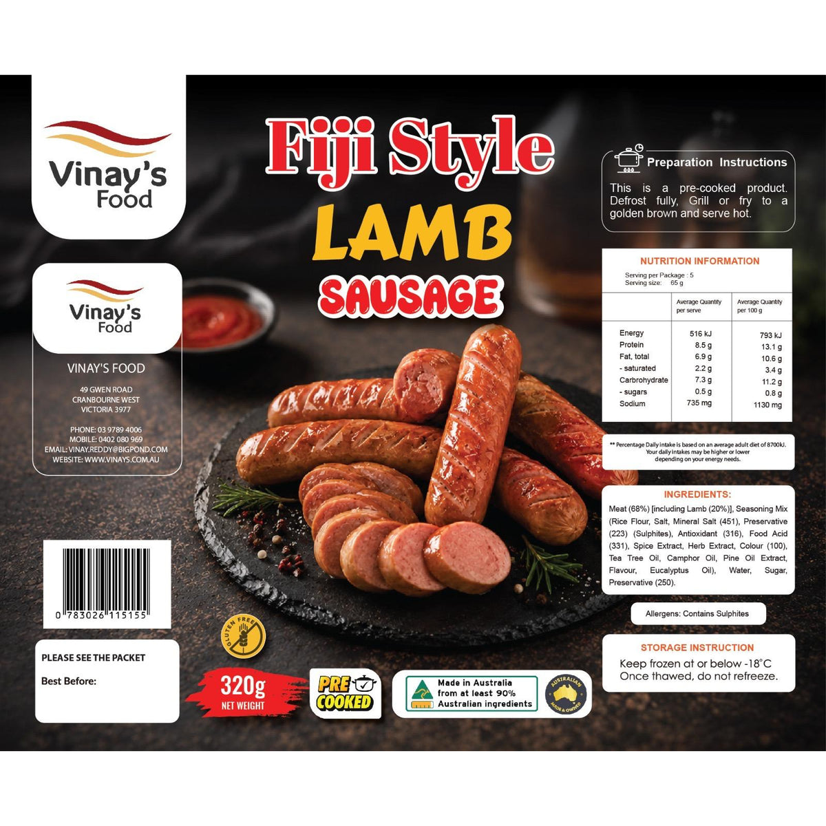 Vinay's Fiji Style Lamb Sausages 320g x 20