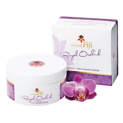Naturally Fiji Royal Orchid Coconut Spa Sugar Scrub in white jar with purple label and orchid flower