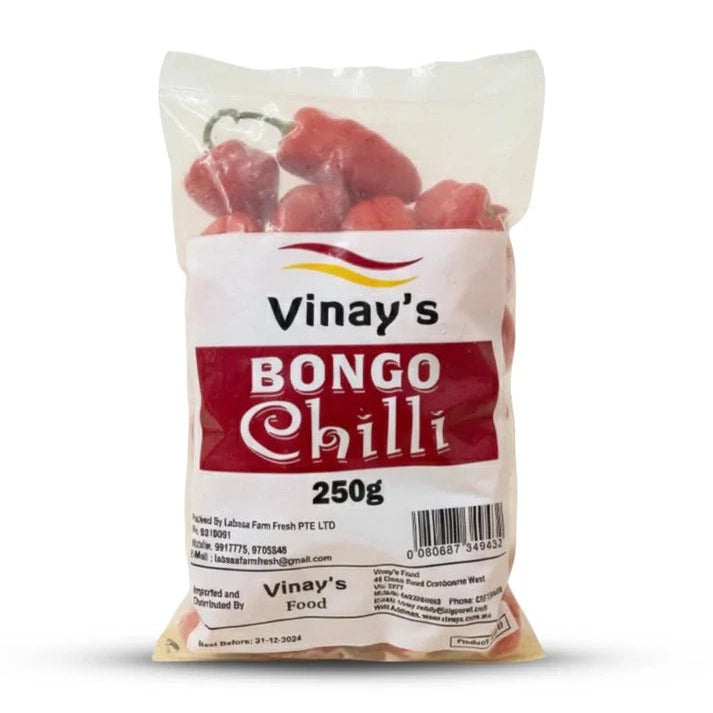 Vinay's Bongo Chilli 250g frozen red Pacific chillies in clear packaging